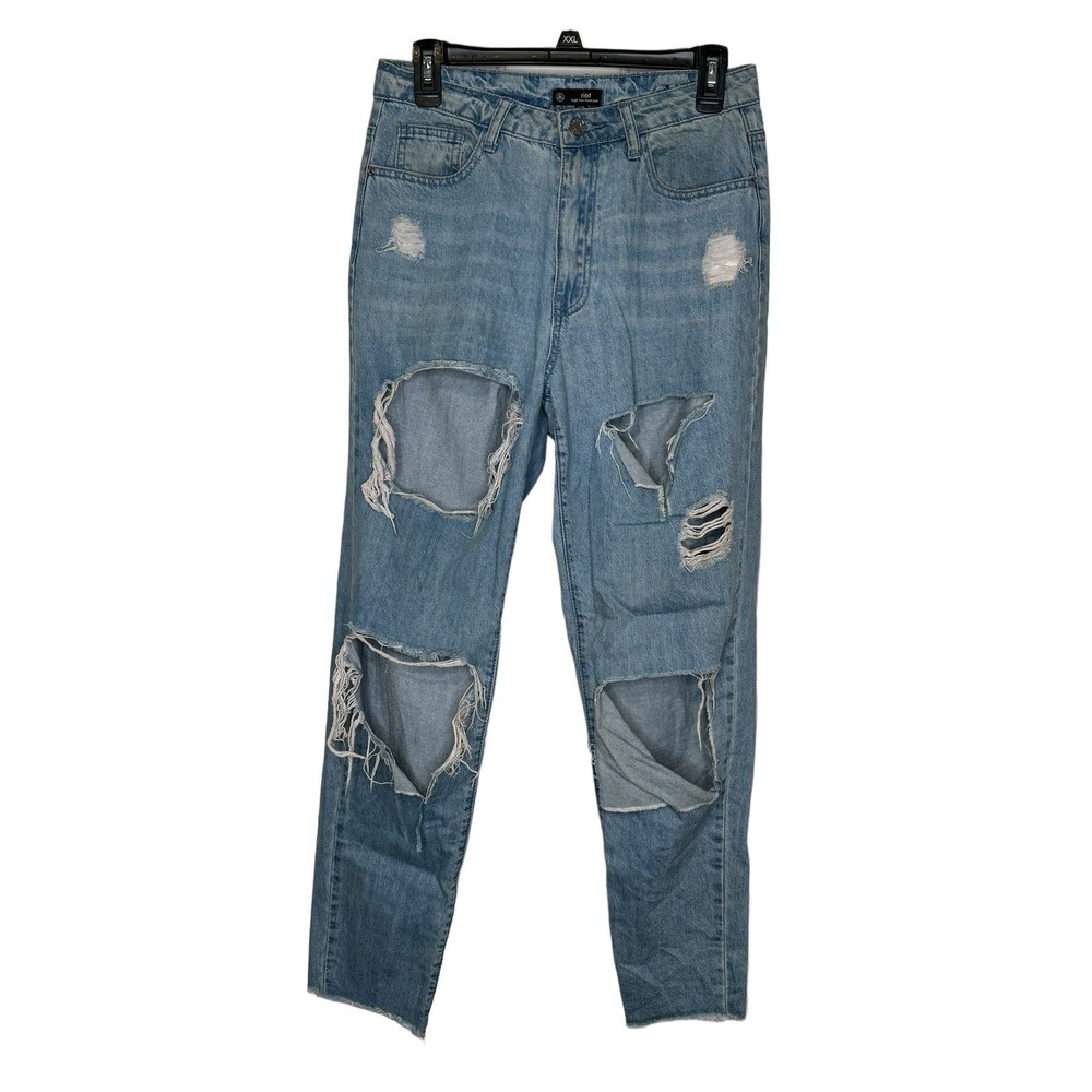 Riot Misguided Jeans High-Rise Mom Ripped Knee Ankle Destroyed Denim Blue Medium